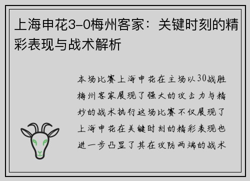 上海申花3-0梅州客家：关键时刻的精彩表现与战术解析