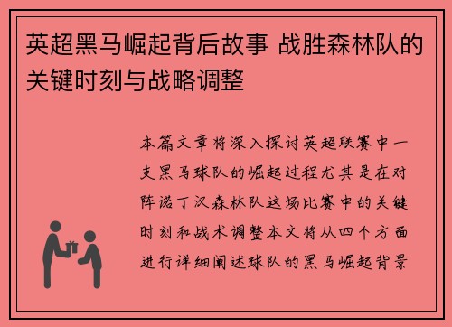 英超黑马崛起背后故事 战胜森林队的关键时刻与战略调整