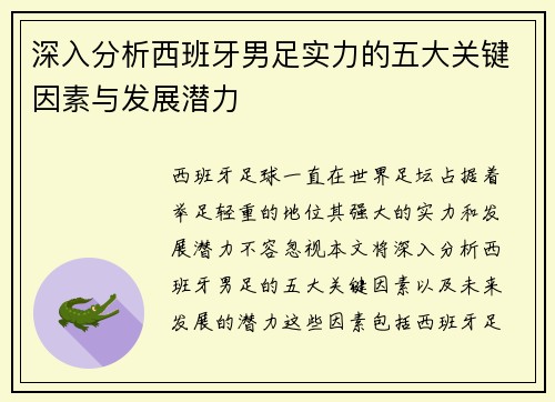 深入分析西班牙男足实力的五大关键因素与发展潜力
