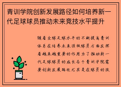 青训学院创新发展路径如何培养新一代足球球员推动未来竞技水平提升
