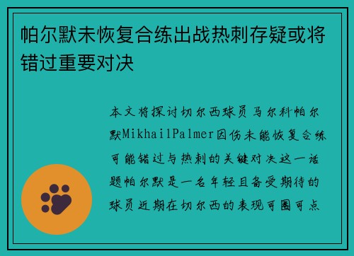 帕尔默未恢复合练出战热刺存疑或将错过重要对决